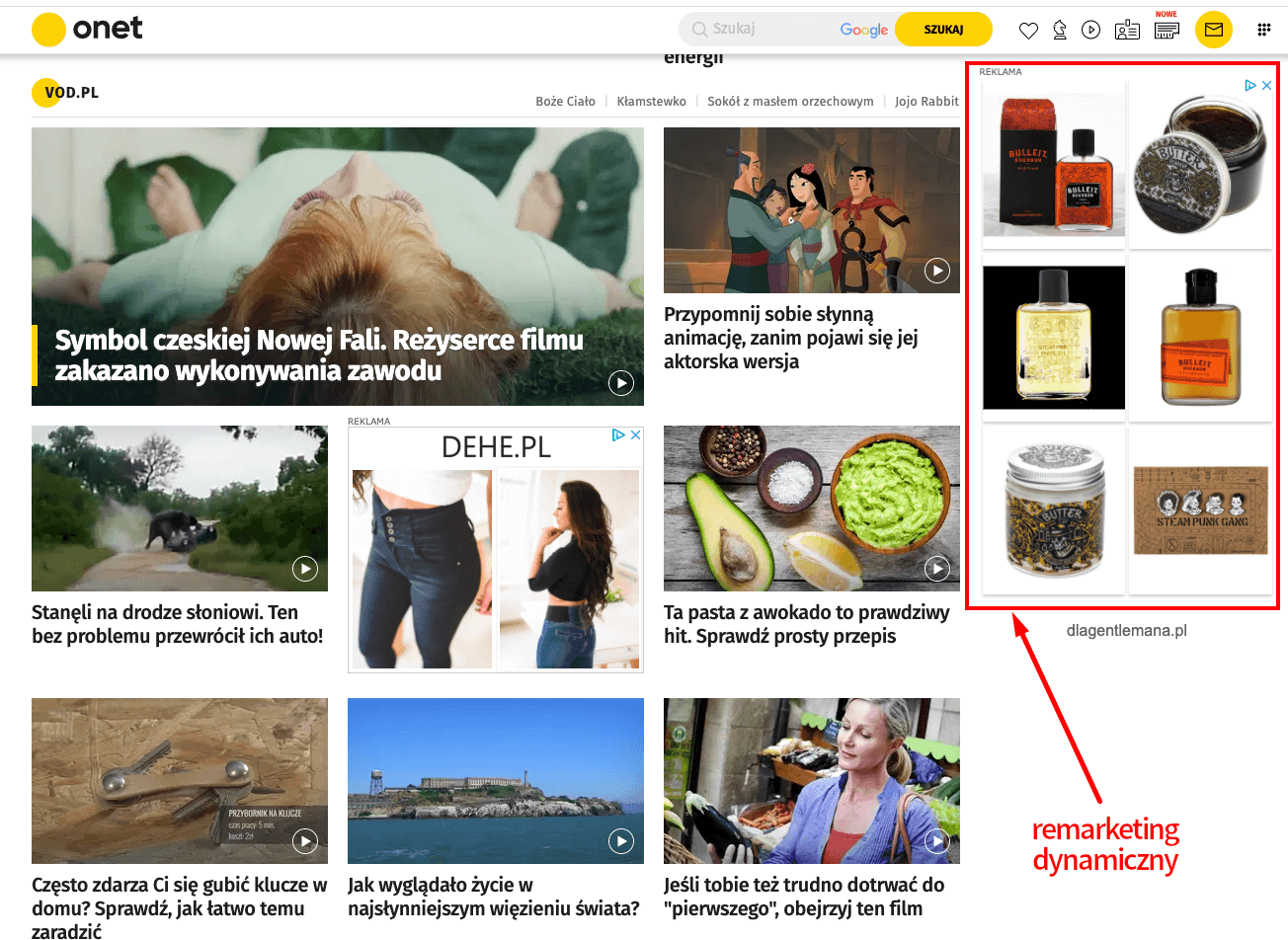 Przykładowy remarketing dynamiczny reklam Google Ads na stronie onet.pl