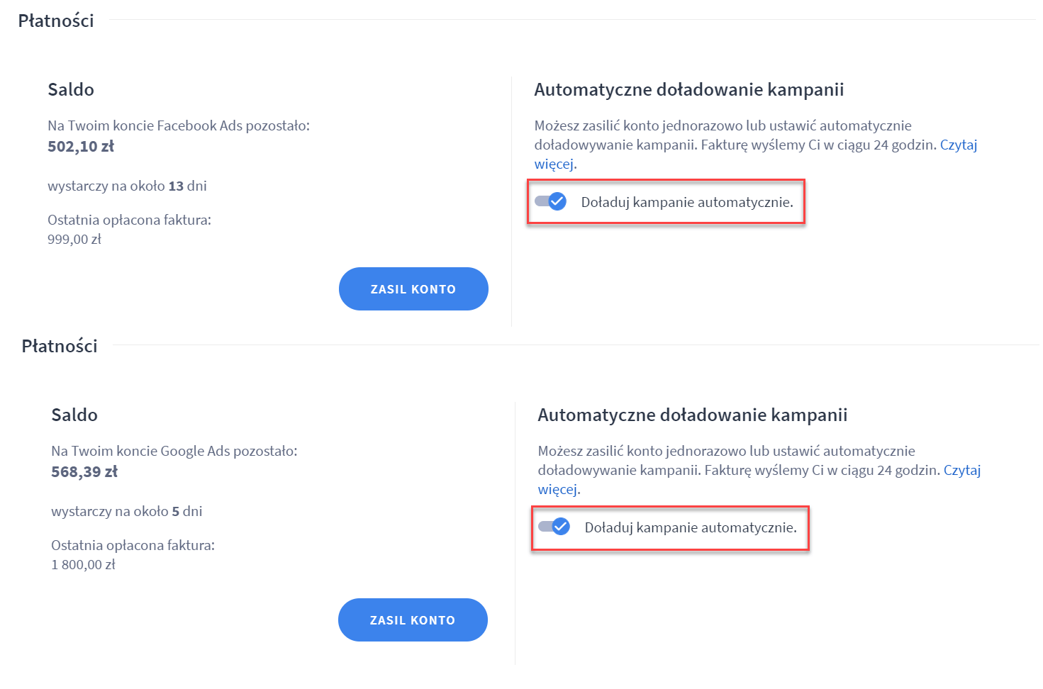 Jak włączyć / wyłączyć opcje automatycznego doładowania kampanii reklamowych? Opcja automatycznego doładowania kampanii reklamowych - Shoper Kampanie