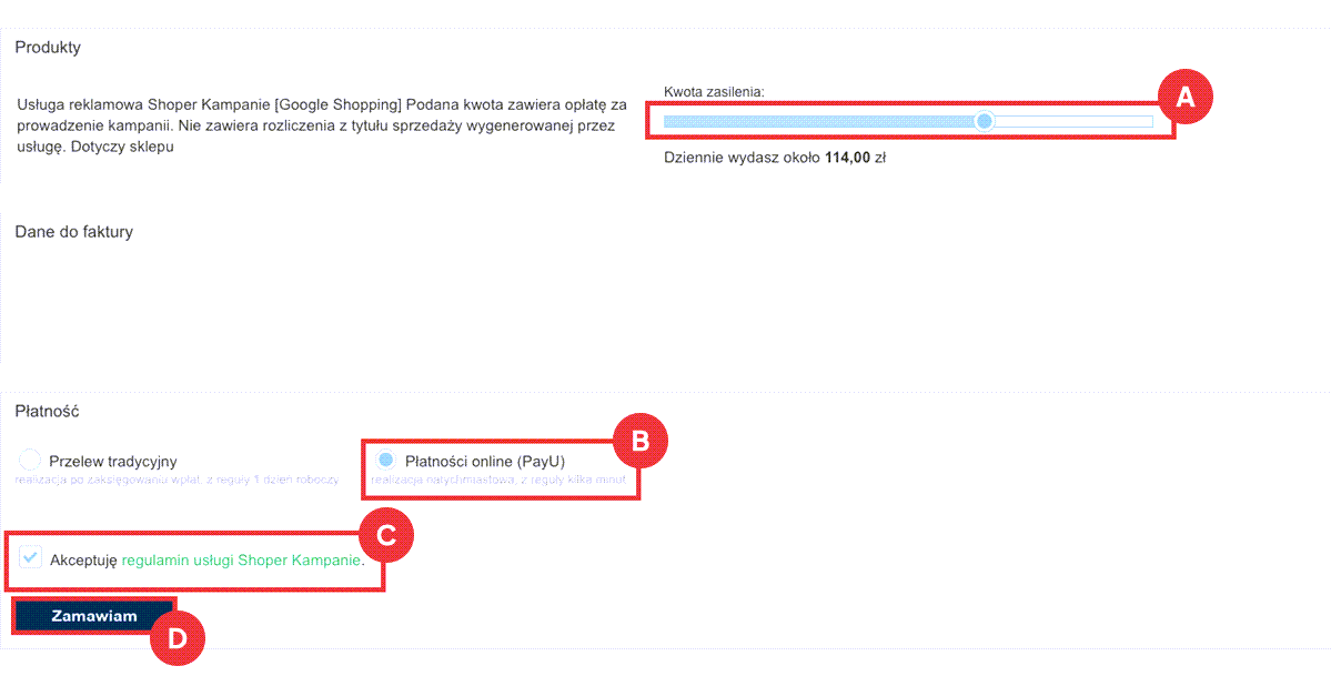 Wybierz na suwaku budżet kampanii reklamowej, metodę płatności i zaakceptuj regulamin Panel administracyjny sklepu > Zwiększaj sprzedaż > Google Ads > Zasilanie konta > Zamawianie