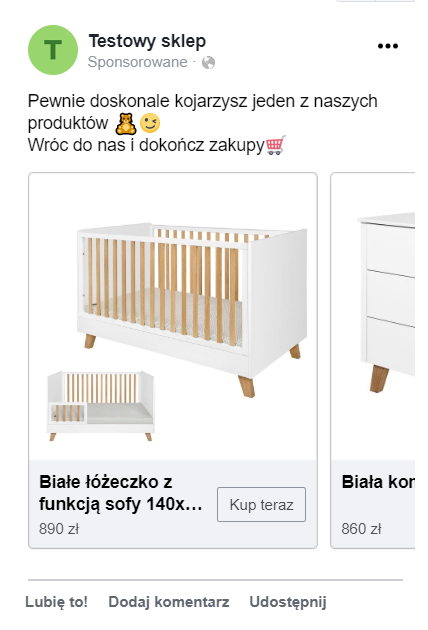 Przykład reklamy na Facebook z kwadratowymi zdjęciami