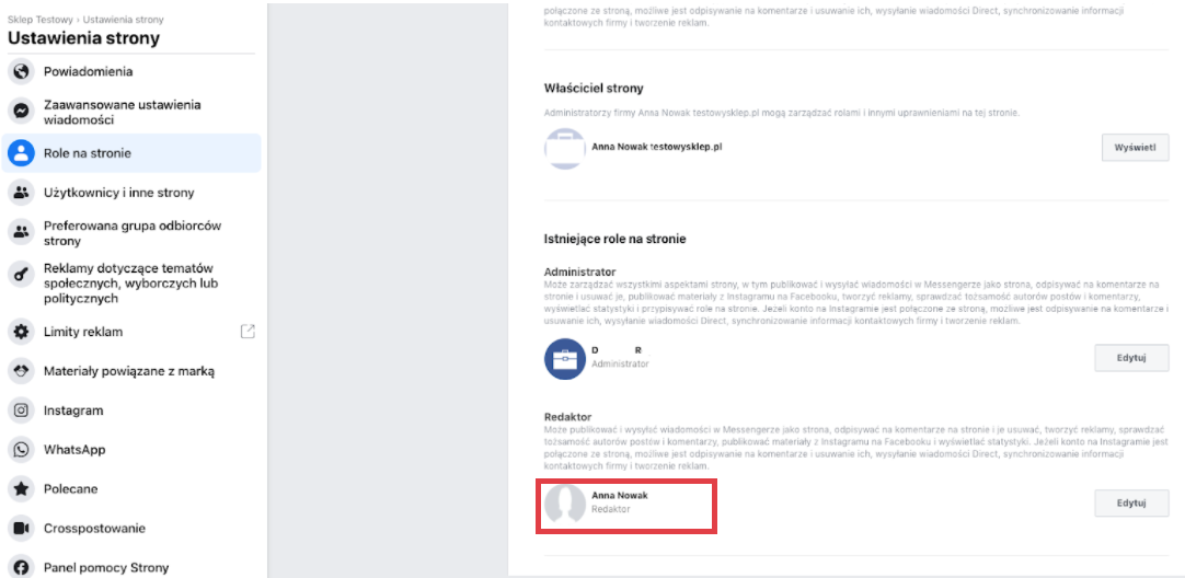 Sprawdź rolę konta Facebook na stronie Fanpage na Facebooku > Ustawienia > Ustawienia strony > Role na stronie > Redaktor