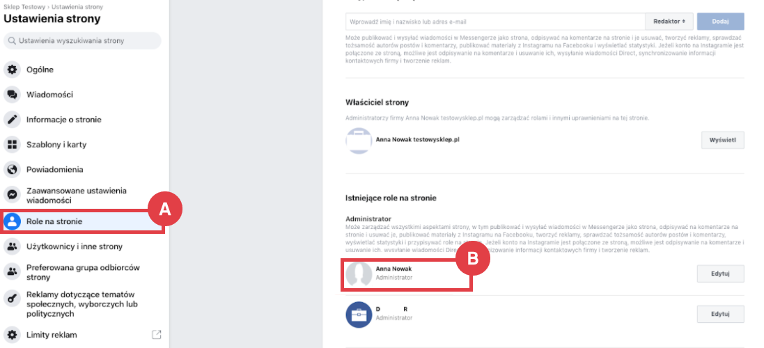 Widok prywatnego konta po potwierdzeniu zaproszenia do objęcia funkcji administratora Fanpage na Facebooku > Ustawienia > Ustawienia strony > Role na stronie > Administrator > Potwierdzone konto