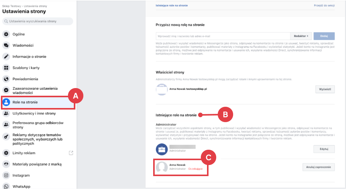 Przykładowy widok dodanego konta w sekcji: Administrator Fanpage na Facebooku > Ustawienia > Ustawienia strony > Role na stronie > Istniejące role na stronie > Administratorzy