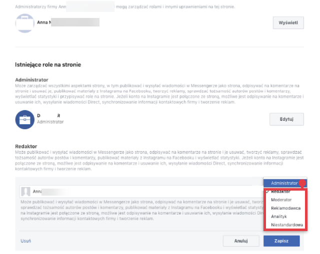 Zmień rolę redaktora na administratora Fanpage na Facebooku > Ustawienia > Ustawienia strony > Role na stronie > Redaktor > Konto > Edytuj > Administrator