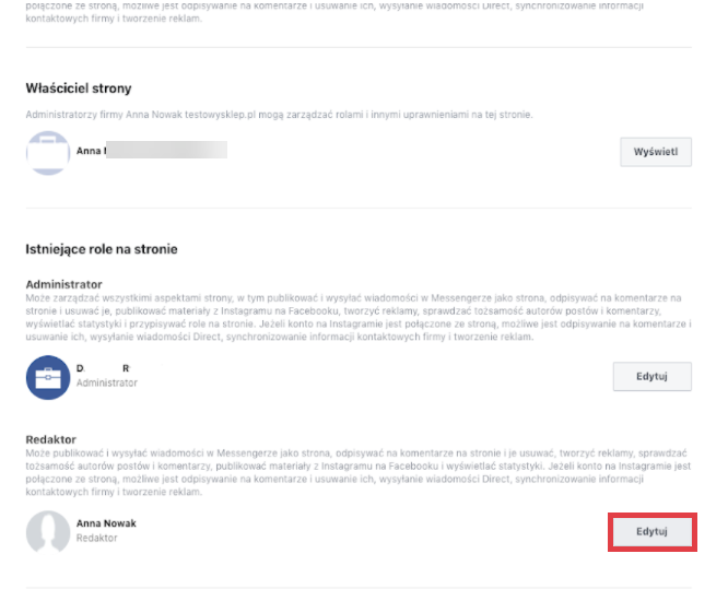Edytuj rolę danego konta na Facebooku dla fanpage'a Fanpage na Facebooku > Ustawienia > Ustawienia strony > Role na stronie > Redaktor > Konto > Edycja