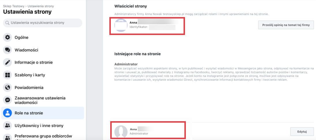 Sprawdź, czy jesteś Administratorem Business Managera Facebook > Fanpage > Role na stronie > Właściciel strony