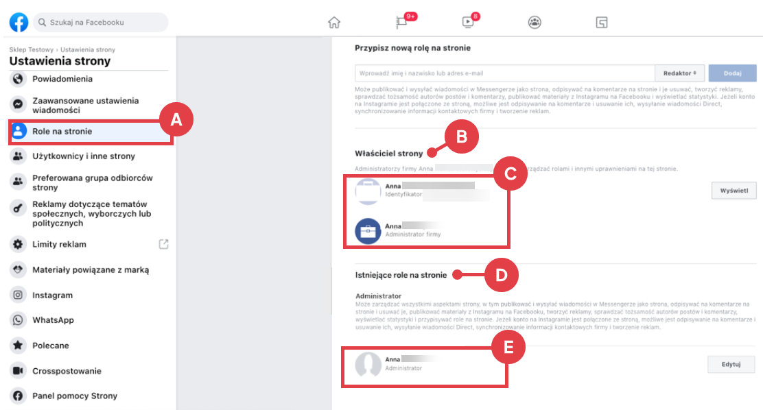 Przykładowy widok przypisanych ról na stronie Facebook Facebook > Fanpage > Role na stronie