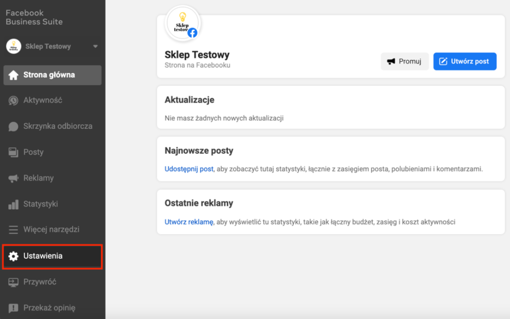Przejdź do ustawień swojej strony na Facebooku Facebook Business Manager > Ustawienia