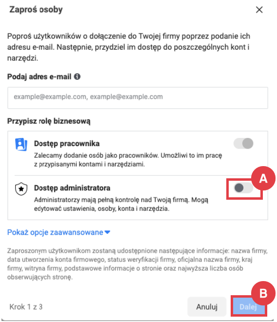 Przypisz rolę biznesową wybranemu użytkownikowi Facebooka Facebook Business Manager > Ustawienia > Ustawienia firmowe > Użytkownicy > Osoby > Dodaj > Przypisywanie roli biznesowej