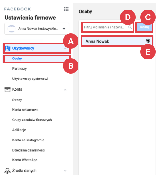 Dodaj konkretną osobę, która ma zostać administratorem strony na Facebooku Facebook Business Manager > Ustawienia > Ustawienia firmowe > Użytkownicy > Osoby