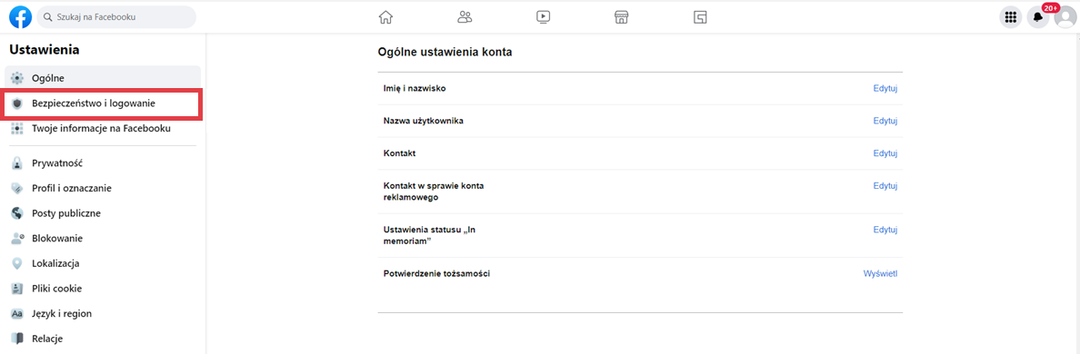 Wejdź do zakładki: Bezpieczeństwo i logowanie Konto Facebook > Profil > Ustawienia i prywatność > Ustawienia > Bezpieczeństwo i logowanie