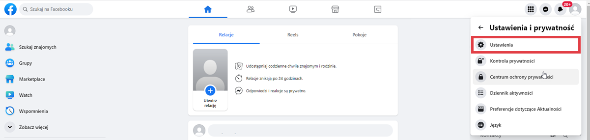 Otwórz ogólne ustawienia dla konta Facebook Konto Facebook > Profil > Ustawienia i prywatność > Ustawienia