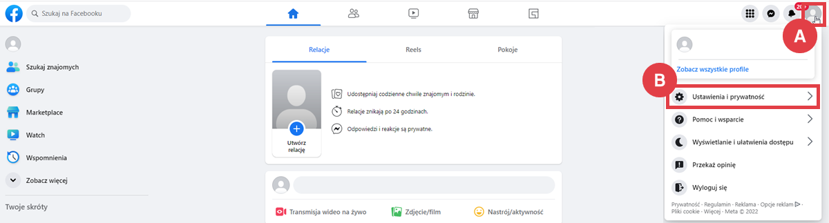 Przejdź do ustawień i prywatności konta na Facebooku Konto Facebook > Profil > Ustawienia i prywatność
