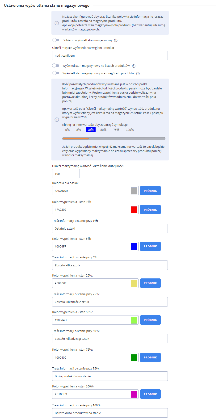 Panel administracyjny sklepu > Dodatki i integracje > Moje aplikacje > Liczniki czasu promocji > Konfiguracja > Ustawienia wyświetlania stanu magazynowego