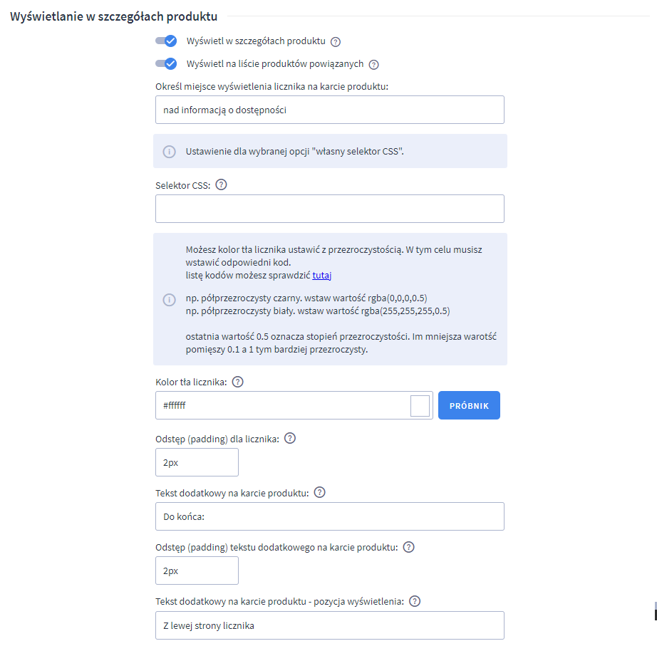 Panel administracyjny sklepu > Dodatki i integracje > Moje aplikacje > Liczniki czasu promocji > Konfiguracja > Wyświetlanie w szczegółach produktu