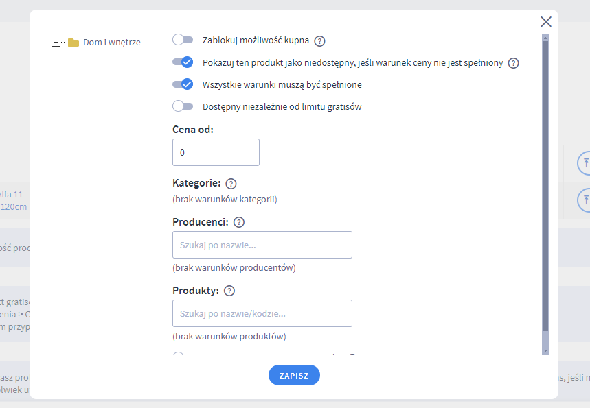 Edytuj warunki otrzymywania danego produktu jako gratisu Panel administracyjny sklepu > Dodatki i integracje > Moje aplikacje > Produkt gratisowy w koszyku > Lista gratisów > Produkt > Warunki