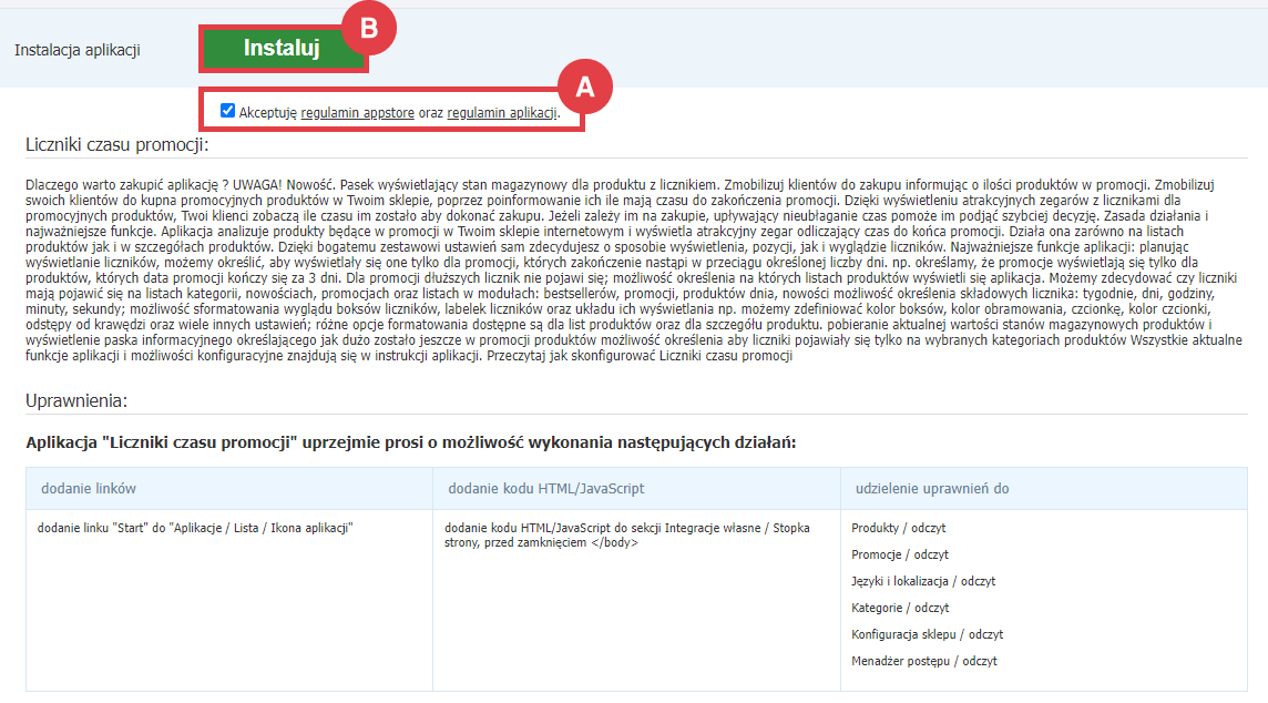 Panel administracyjny sklepu > Dodatki i integracje > Aplikacje > Liczniki czasu promocji > Instalacja