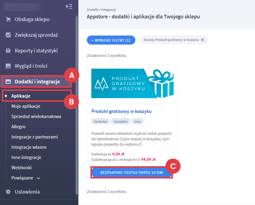 Bezpłatnie testuj aplikację Produkt gratisowy w koszyku przez 14 dni Panel administracyjny sklepu > Dodatki i integracje > Aplikacje > Produkt gratisowy w koszyku