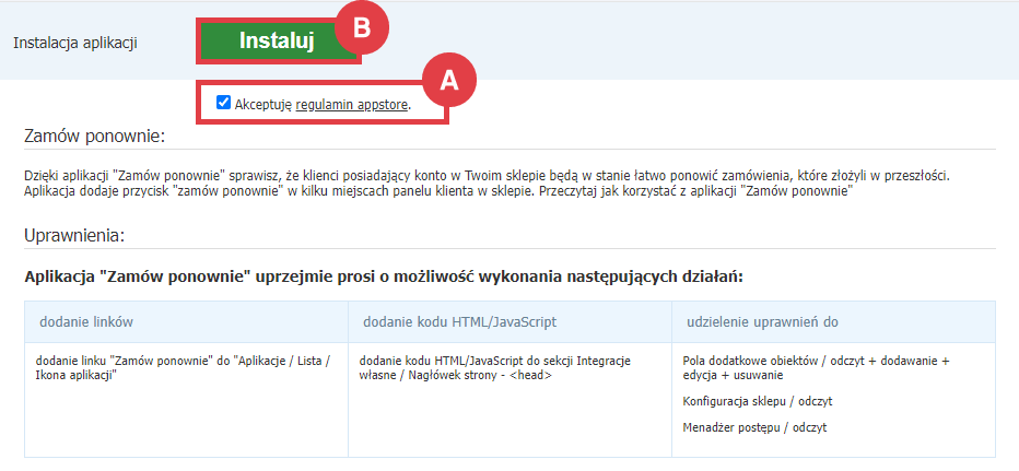 Panel administracyjny sklepu > Dodatki i integracje > Aplikacje > Zamów ponownie > Instalacja