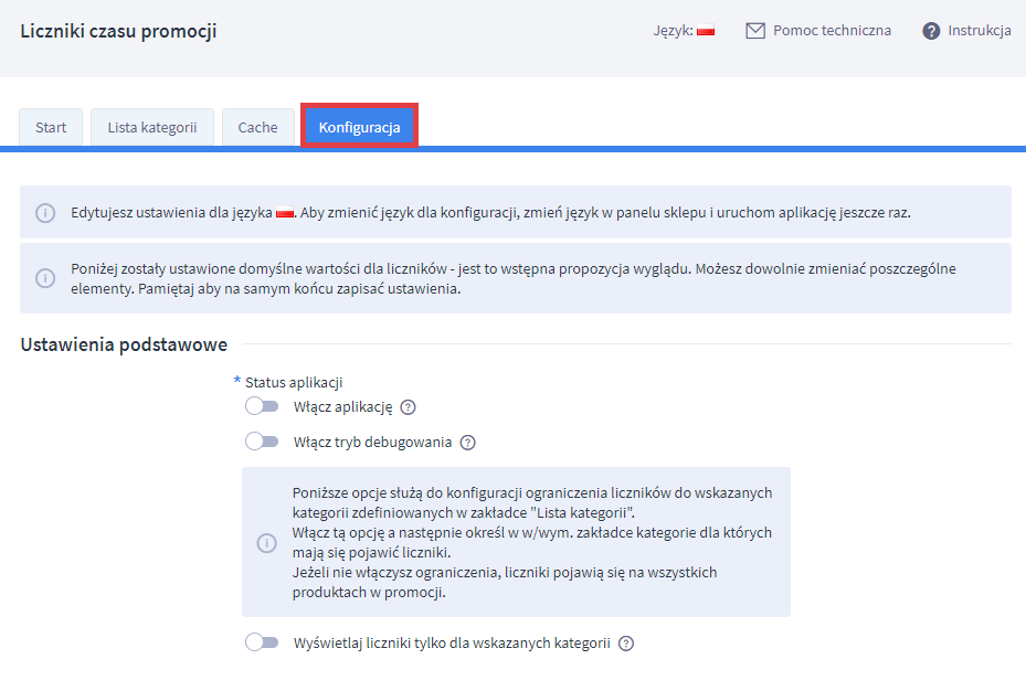 Panel administracyjny sklepu > Dodatki i integracje > Moje aplikacje > Liczniki czasu promocji > Konfiguracja > Ustawienia podstawowe