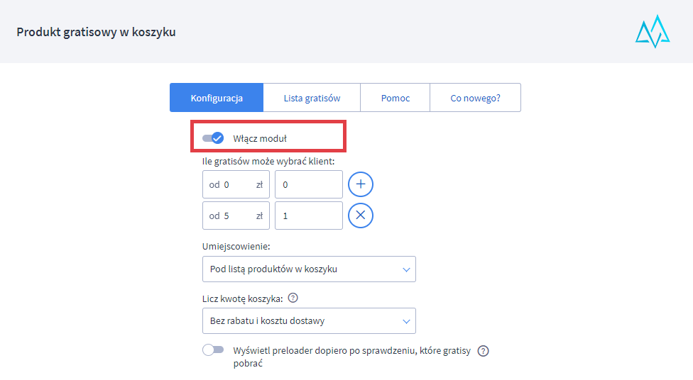 Włącz moduł Produkt gratisowy w koszyku Panel administracyjny sklepu > Dodatki i integracje > Moje aplikacje > Produkt gratisowy w koszyku > Konfiguracja