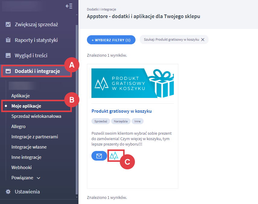 Skonfiguruj ustawienia aplikacji Produkt gratisowy w koszyku Panel administracyjny sklepu > Dodatki i integracje > Moje aplikacje > Produkt gratisowy w koszyku