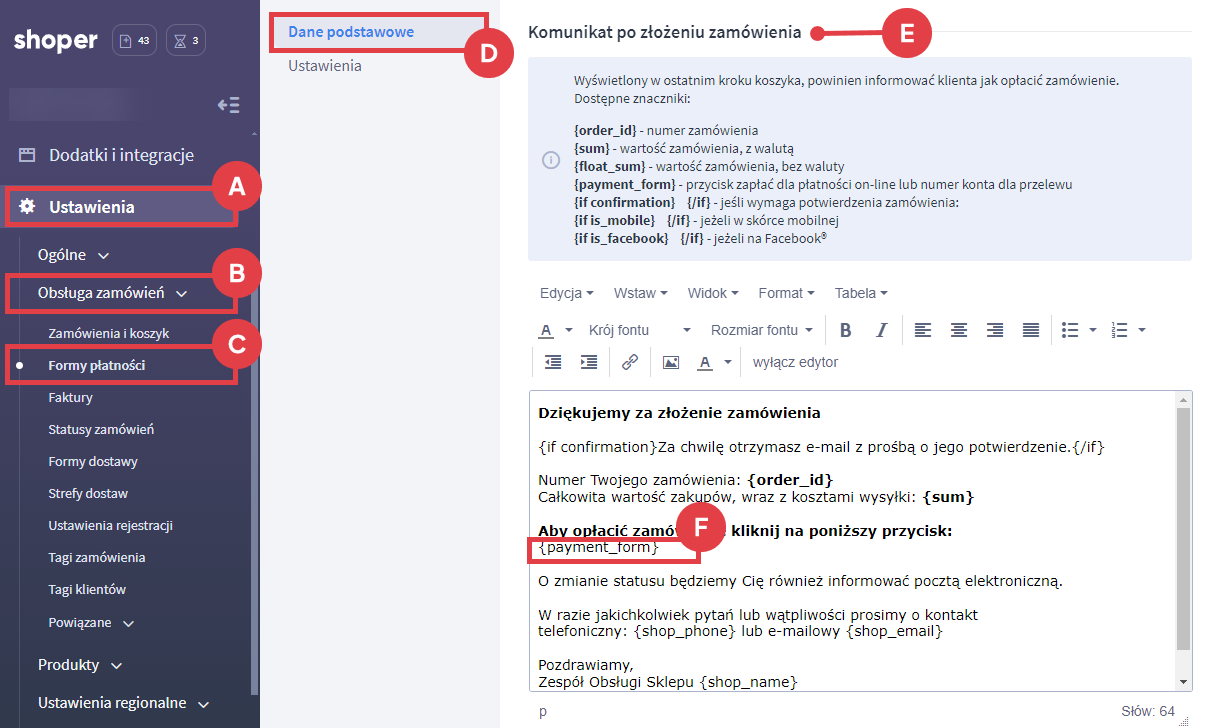 Panel administracyjny sklepu > Ustawienia > Obsługa zamówień > Formy płatności > Komunikat po złożeniu zamówienia > Payment form