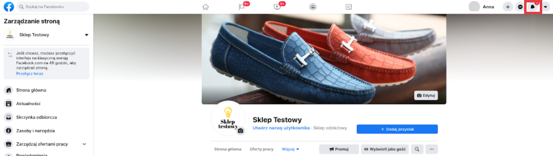 Przykładowy widok powiadomień na fanpage'u na Facebooku Facebook > Fanpage > Powiadomienia