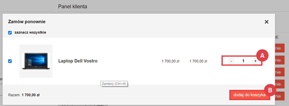 Strona sklepu internetowego > Panel zalogowanego klienta > Zamówienia > Zamów ponownie > Dodawanie do koszyka