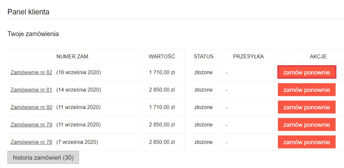 Strona sklepu internetowego Shoper > Panel zalogowanego klienta > Zamówienia > Zamów ponownie