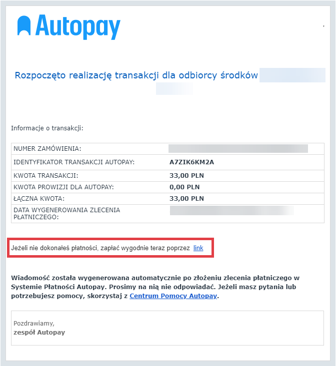 Autopay > Rozpoczęto realizację transakcji dla odbiorcy środków