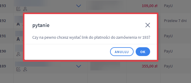 Panel administracyjny sklepu > Obsługa sklepu > Zamówienia > Link do płatności > Komunikat