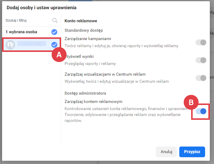 Facebook > Konta > Konta reklamowe > Dodaj konto > Ustaw uprawnienia