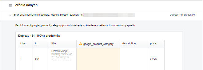 Przykład błędu: Brak pola informacji o produkcie google_product_category