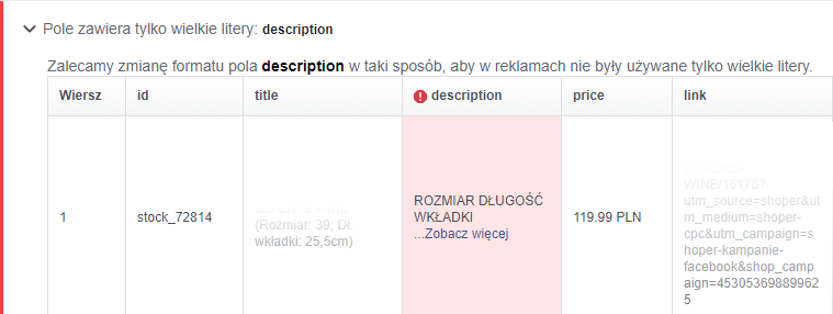 Przykład błędu opisu w katalogu produktów na Facebook