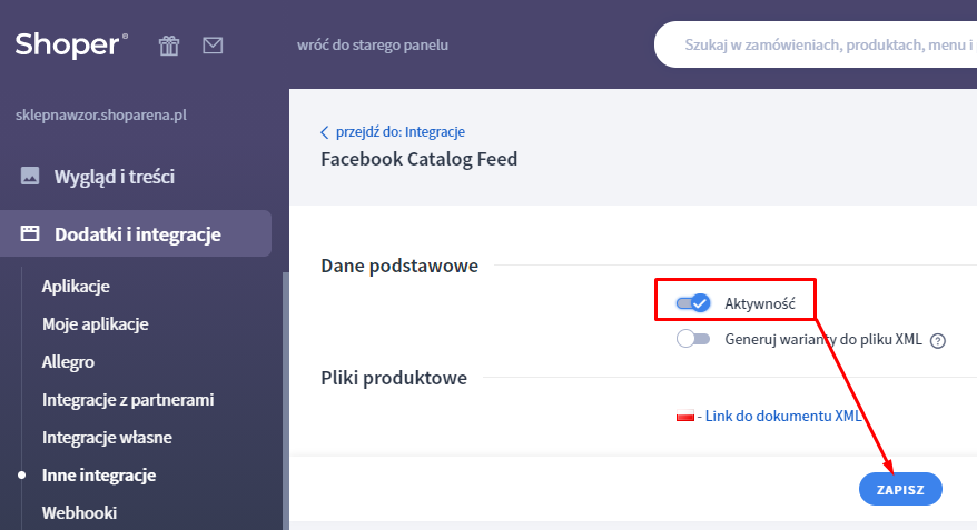 Włączanie integracji Facebook Catalog Feed w sklepie Shoper
