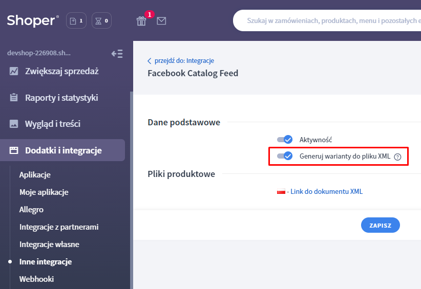 Ustawienia generowania wariantów do pliku XML (Facebook Catalog Feed)