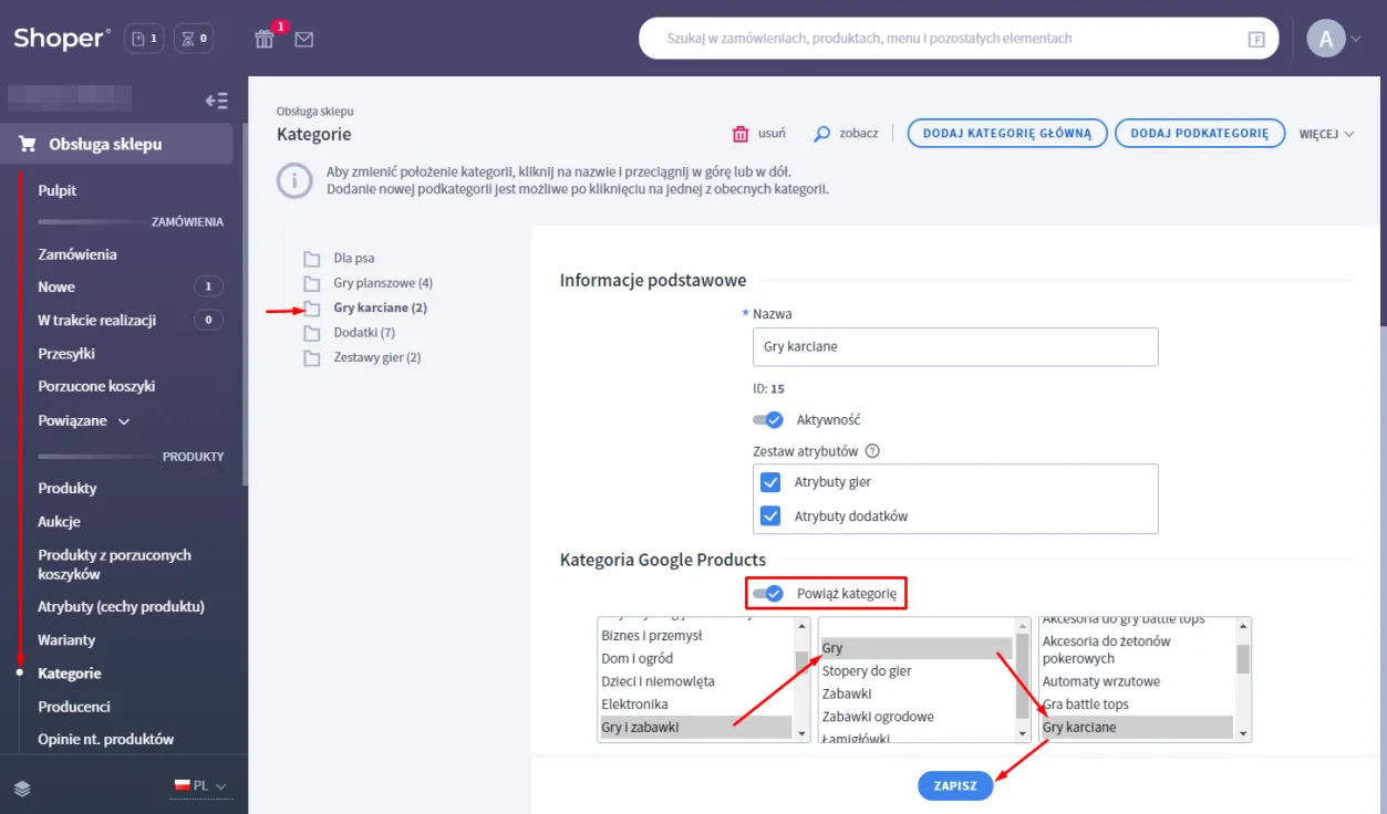 Wybór odpowiednika kategorii w Google (sklep internetowy Shoper)