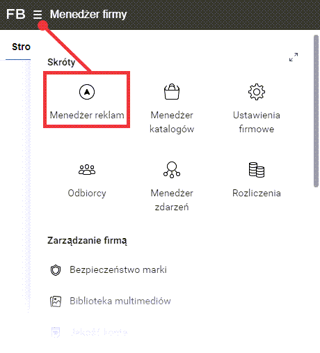Facebook > Konto firmowe > Menedżer reklam