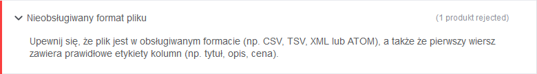 Przykład komunikatu błędu o nieobsługiwanym formacie pliku