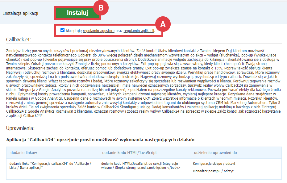 Panel administracyjny sklepu > Dodatki i integracje > Aplikacje > Callback24 > Instalacja