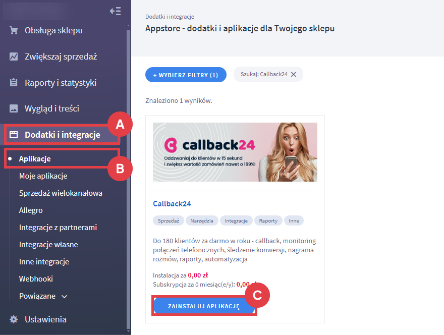 Panel administracyjny sklepu > Dodatki i integracje > Aplikacje > Callback24