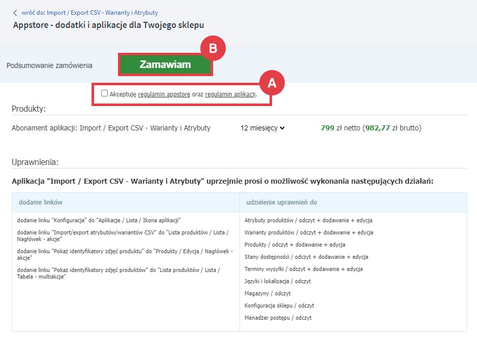 Panel administracyjny sklepu > Dodatki i integracje > Aplikacje > Import / Export CSV - Warianty i Atrybuty > Instalacja