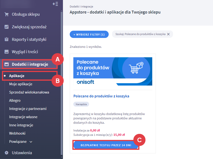 Bezpłatnie testuj aplikację Polecane do produktów z koszyka przez 14 dni w sklepie Shoper Panel administracyjny sklepu > Dodatki i integracje > Aplikacje > Polecane do produktów z koszyka
