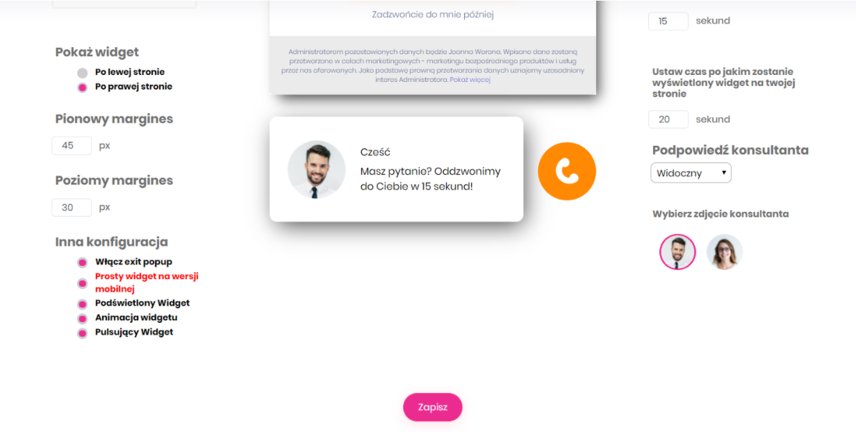 Panel administracyjny sklepu > Dodatki i integracje > Moje aplikacje > Callback24 > Konfiguracja > Edycja widgetu > Wersja mobilna