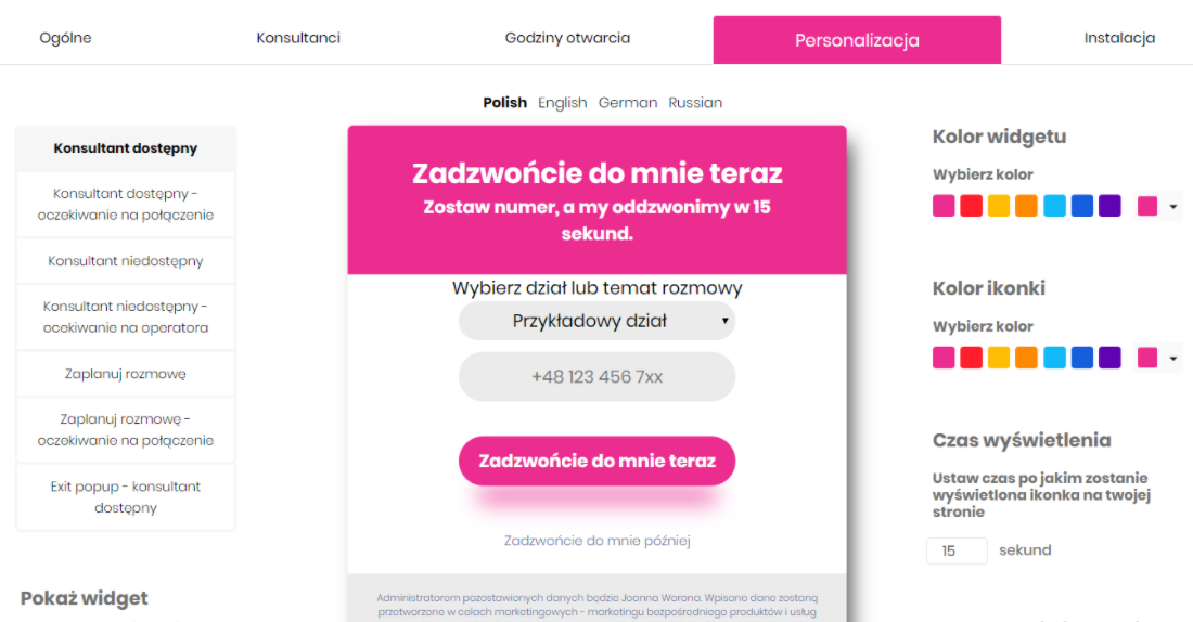 Panel administracyjny sklepu > Dodatki i integracje > Moje aplikacje > Callback24 > Konfiguracja > Edycja widgetu