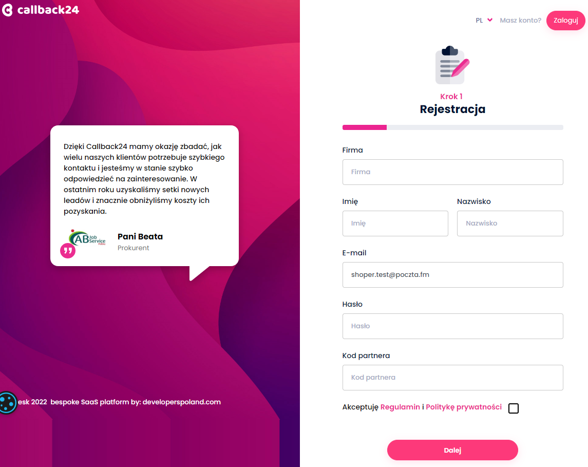 Panel administracyjny sklepu > Dodatki i integracje > Moje aplikacje > Callback24 > Rejestracja