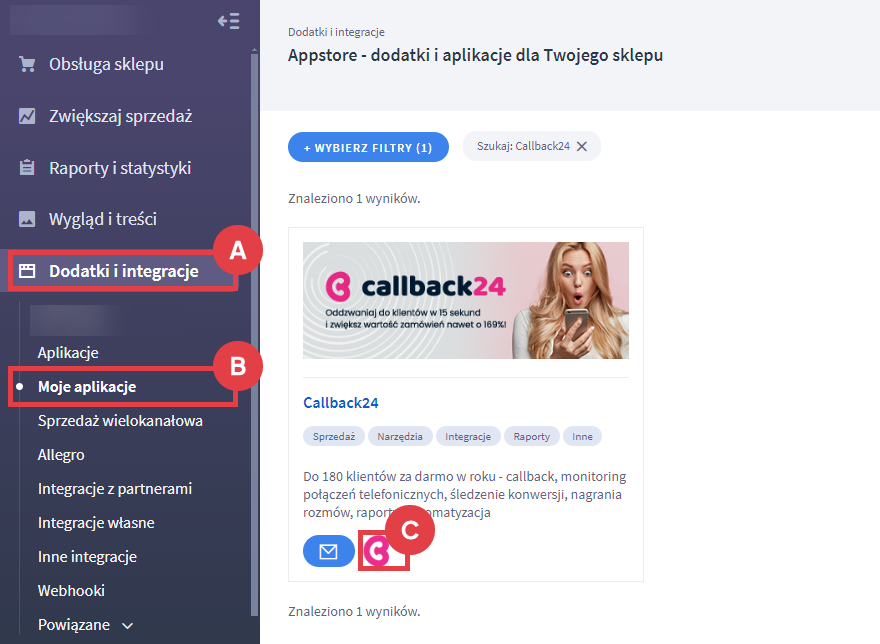 Panel administracyjny sklepu > Dodatki i integracje > Moje aplikacje > Callback24