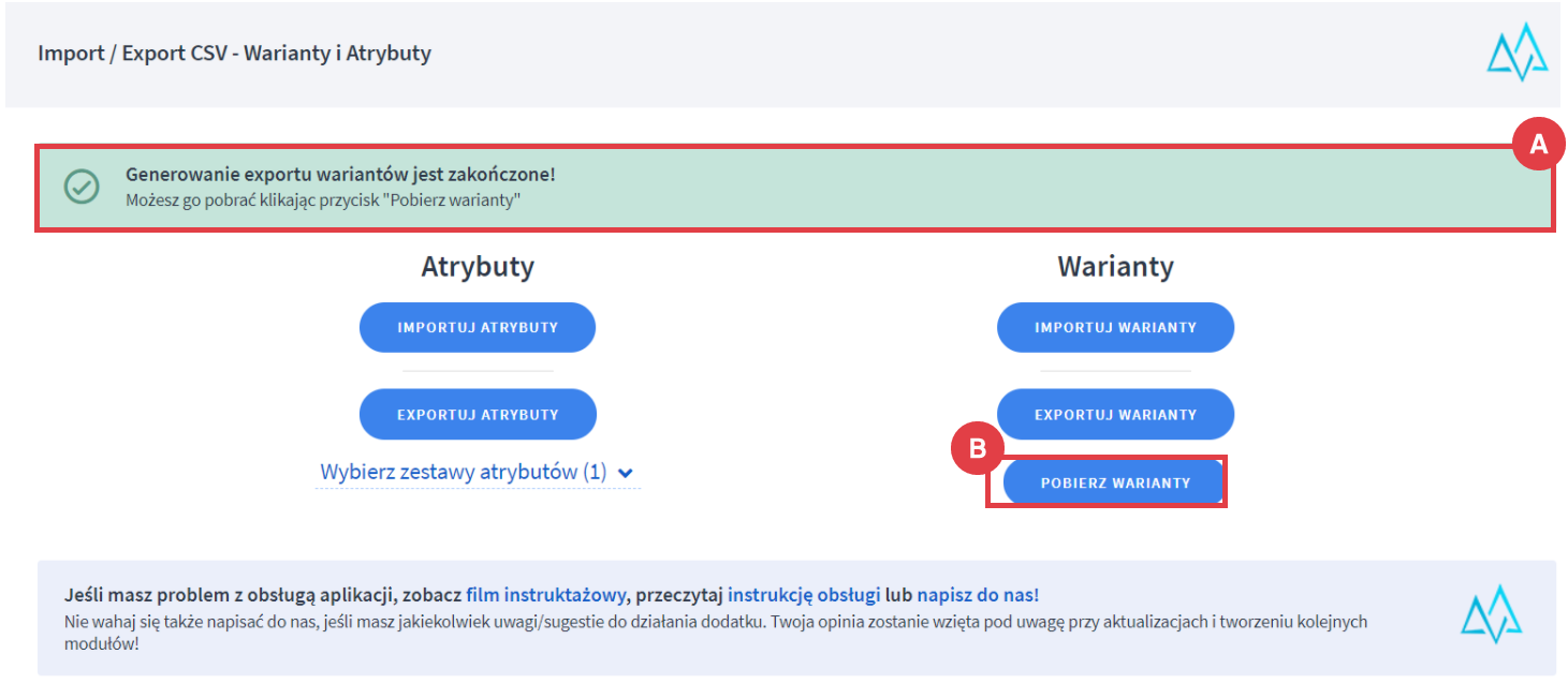 Aplikacja Import / Export CSV - Warianty i Atrybuty > Konfiguracja > Export wariantów > Pobierz plik