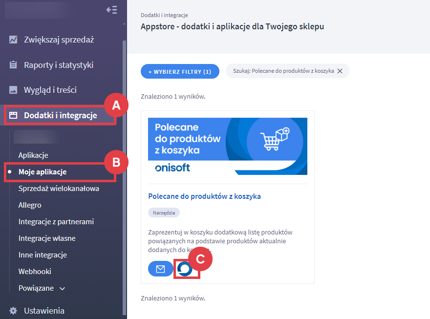 Przejdź do ustawień Polecane do produktów z koszyka w Panelu administracyjnym sklepu Shoper Panel administracyjny sklepu > Dodatki i integracje > Moje aplikacje > Polecane do produktów z koszyka